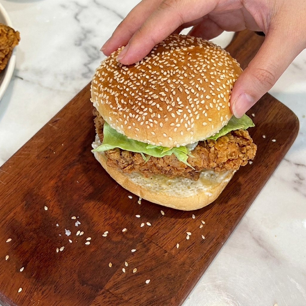 A hand placing a sesame seed top bun onto a freshly assembled fried chicken burger on a wooden board.