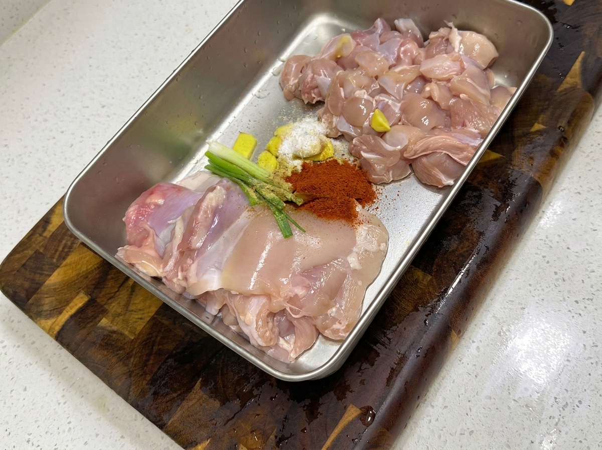 Diced raw chicken in a metal tray with aromatics and seasonings ready to be mixed.