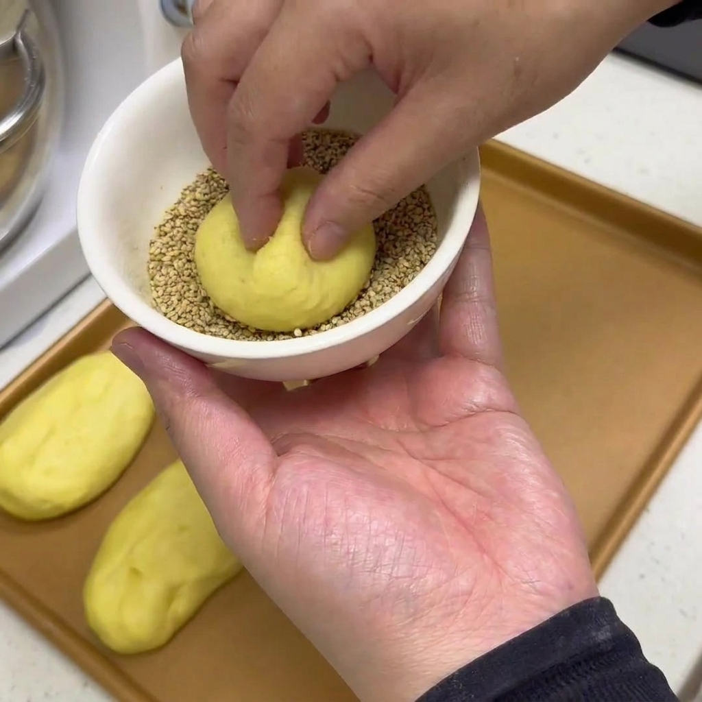 The top of a dough ball being pressed into a bowl of sesame seeds.