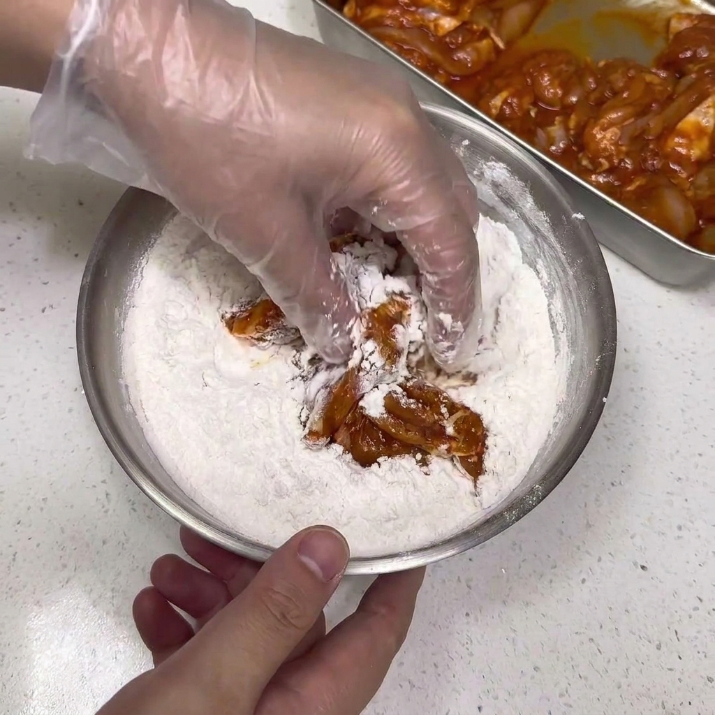 Raw marinated chicken pieces being coated in seasoned flour in a mixing bowl.