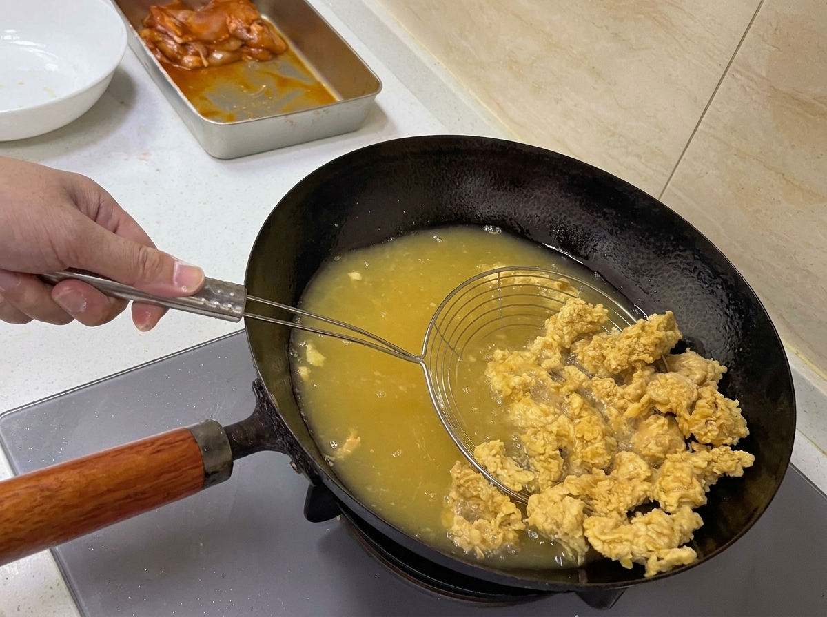 A hand using a wire skimmer to lift light golden fried chicken pieces out of hot oil in a wok.