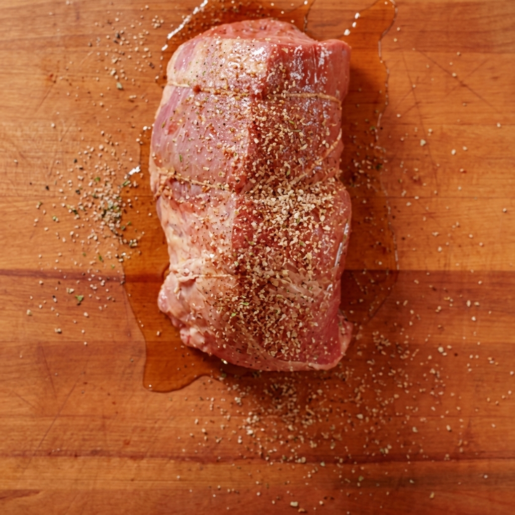 Raw beef seasoned with herbs and spices sitting on a wooden cutting board.