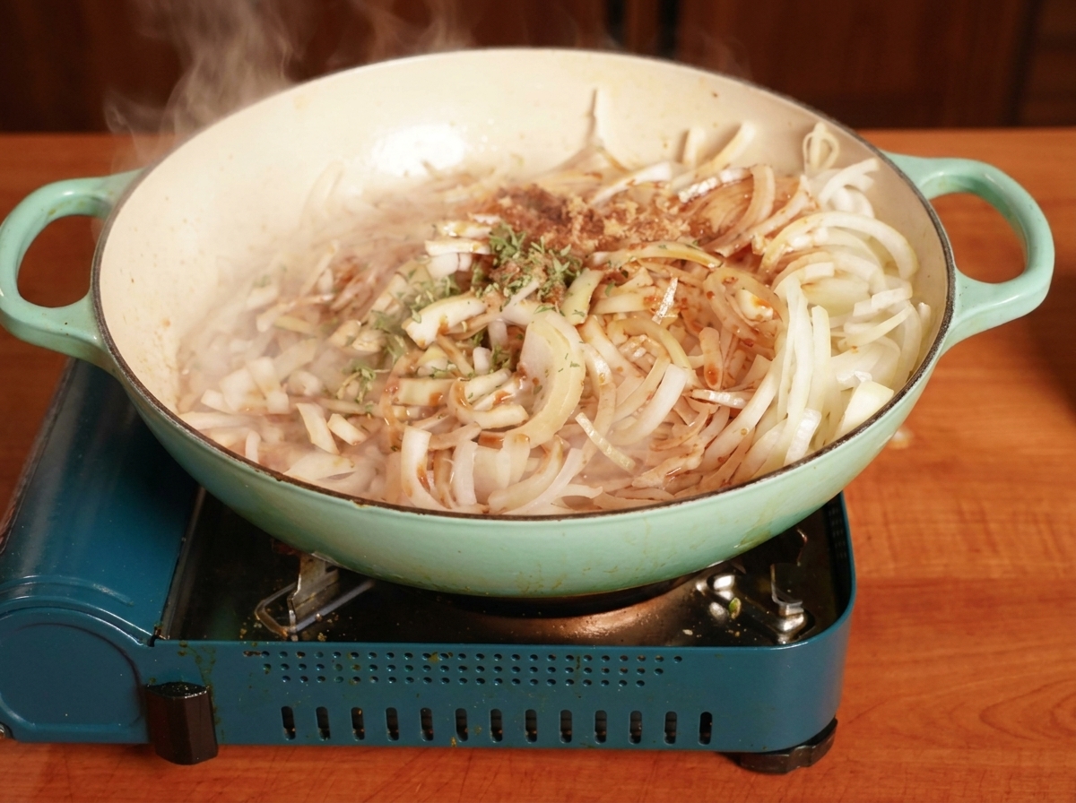 Sliced white onions stir-frying in a pan with herbs and seasonings.