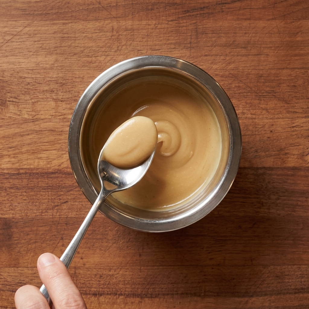 A smooth creamy white sauce being stirred in a small metal bowl with a spoon.