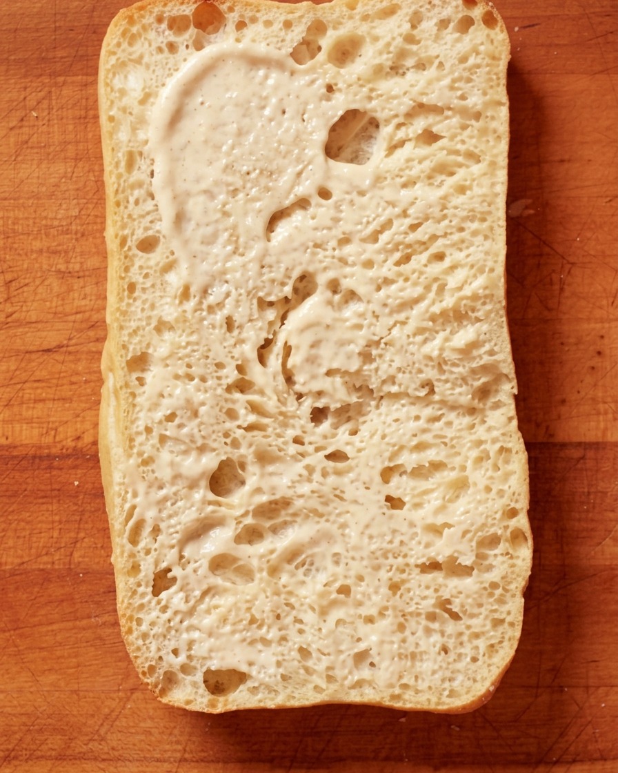 Creamy white sauce being spread onto a slice of toasted ciabatta bread.
