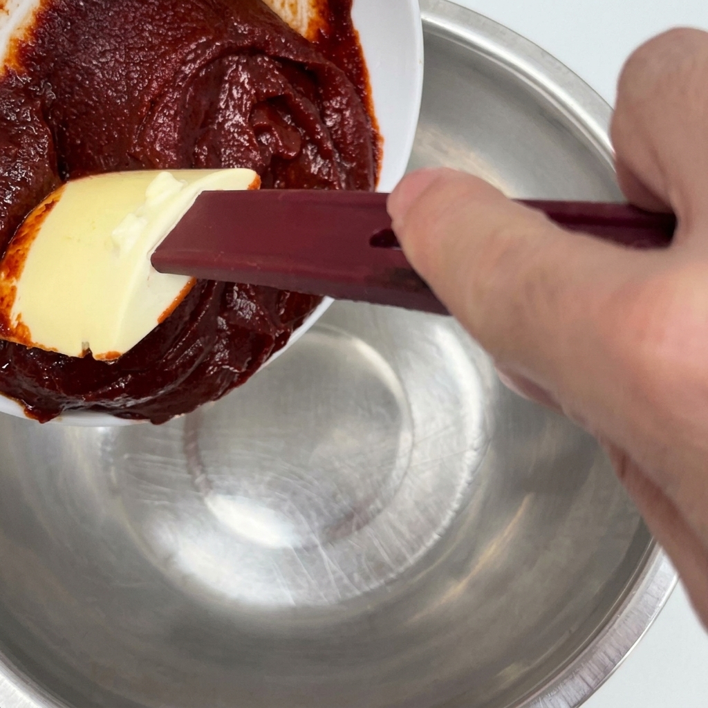 Korean hot pepper paste inside a stainless steel mixing bowl.