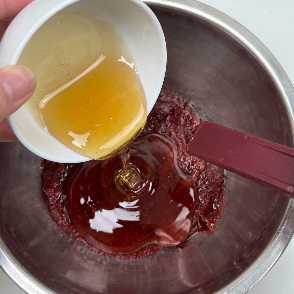 Honey being poured into the bowl with hot pepper paste.