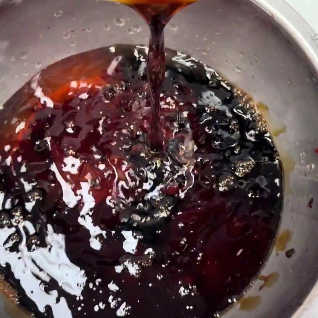 Ketchup being poured into the mixing bowl.