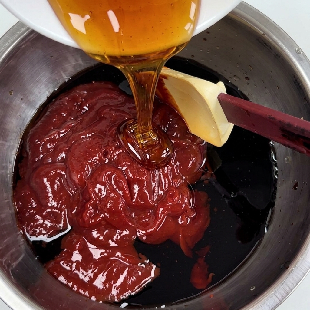Maltose being added to the mixture of sauce ingredients.