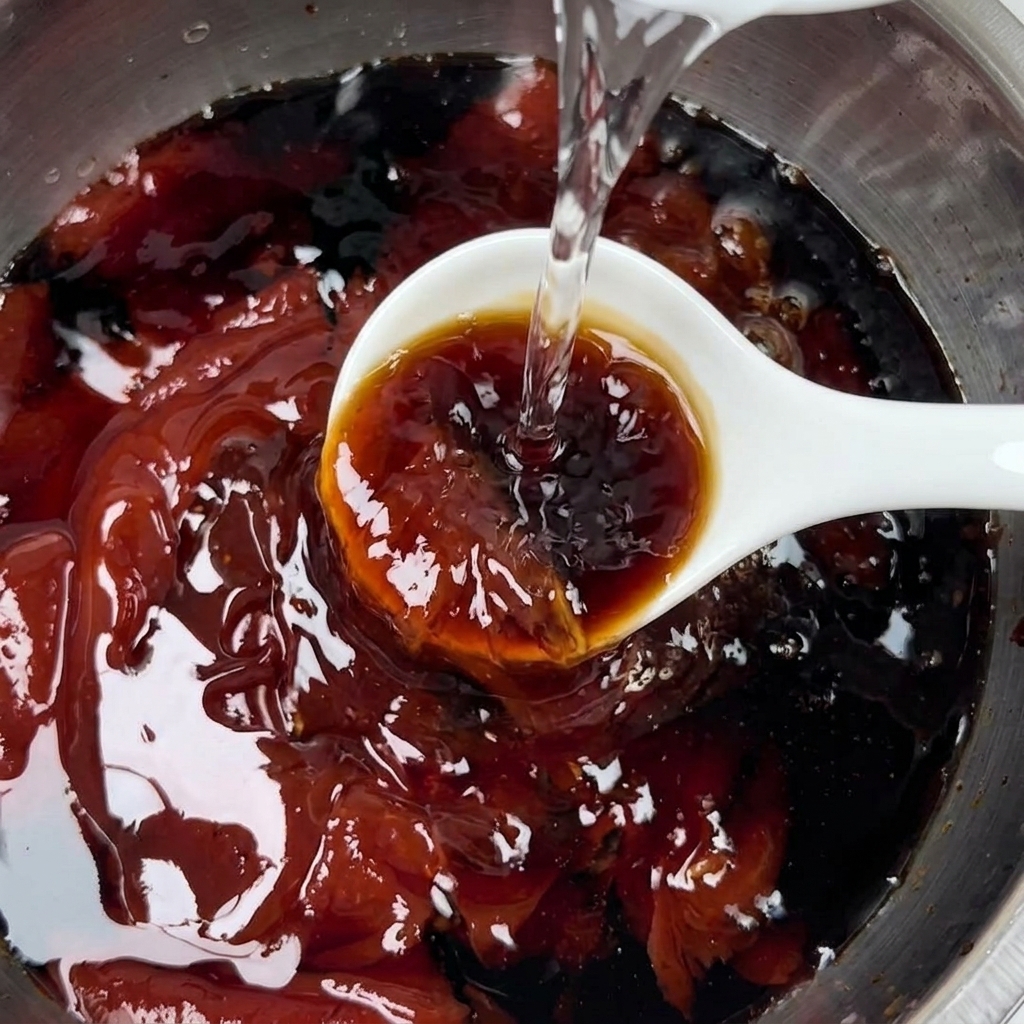 Clear water being poured into a dark, rich sauce mixture in a mixing bowl.