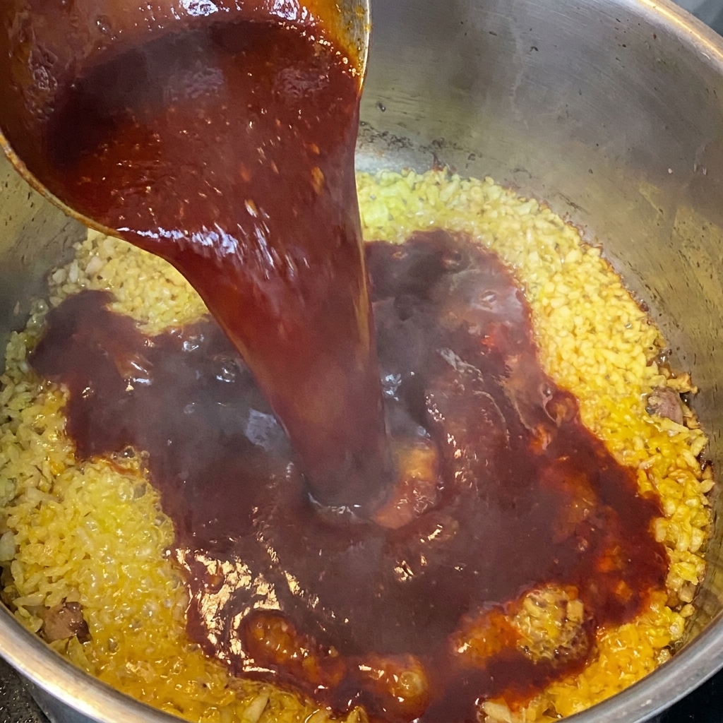 Rich, dark sauce being poured into a pan with sautéed garlic.