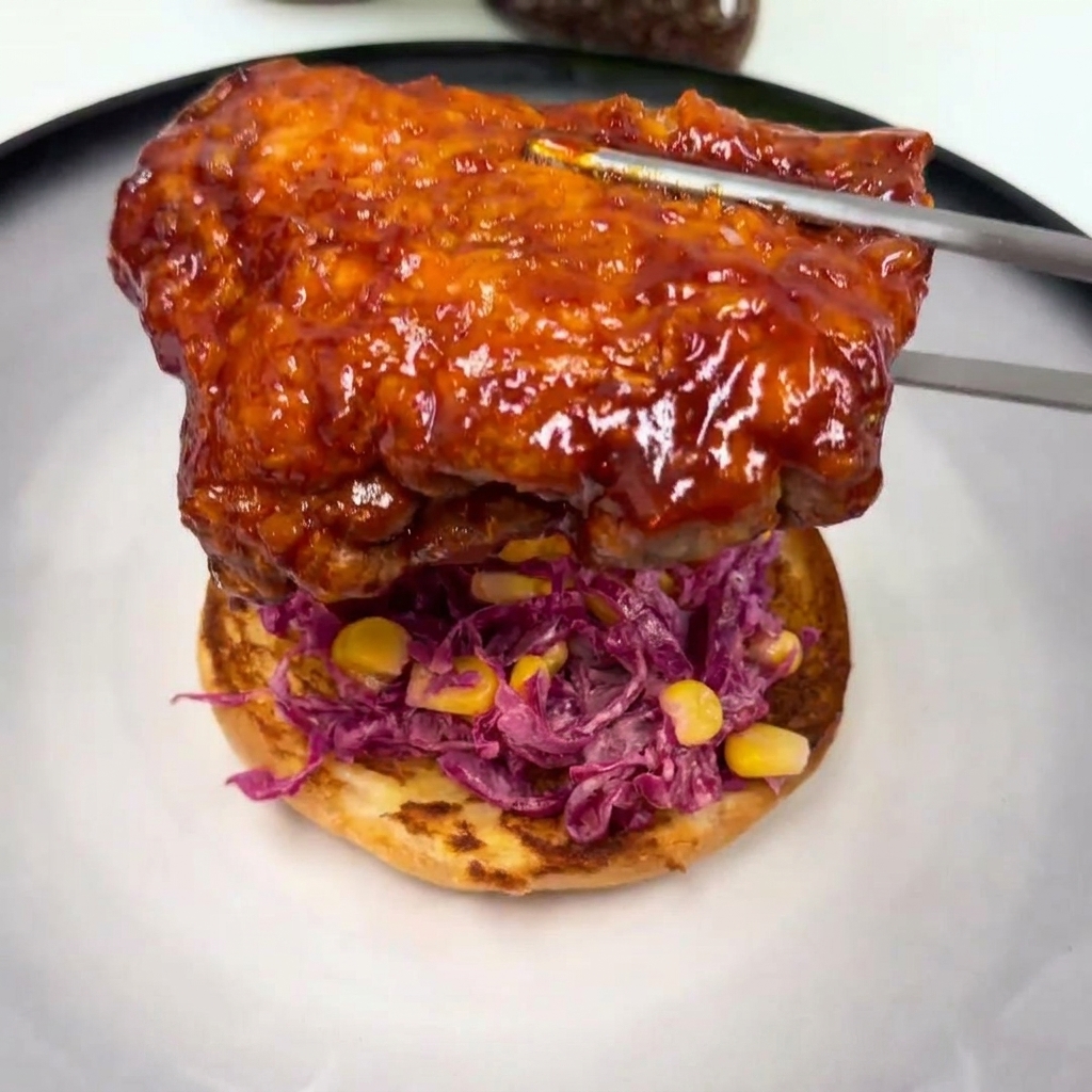 Fried chicken leg meat layered over a slaw of purple cabbage and corn on a burger bun.