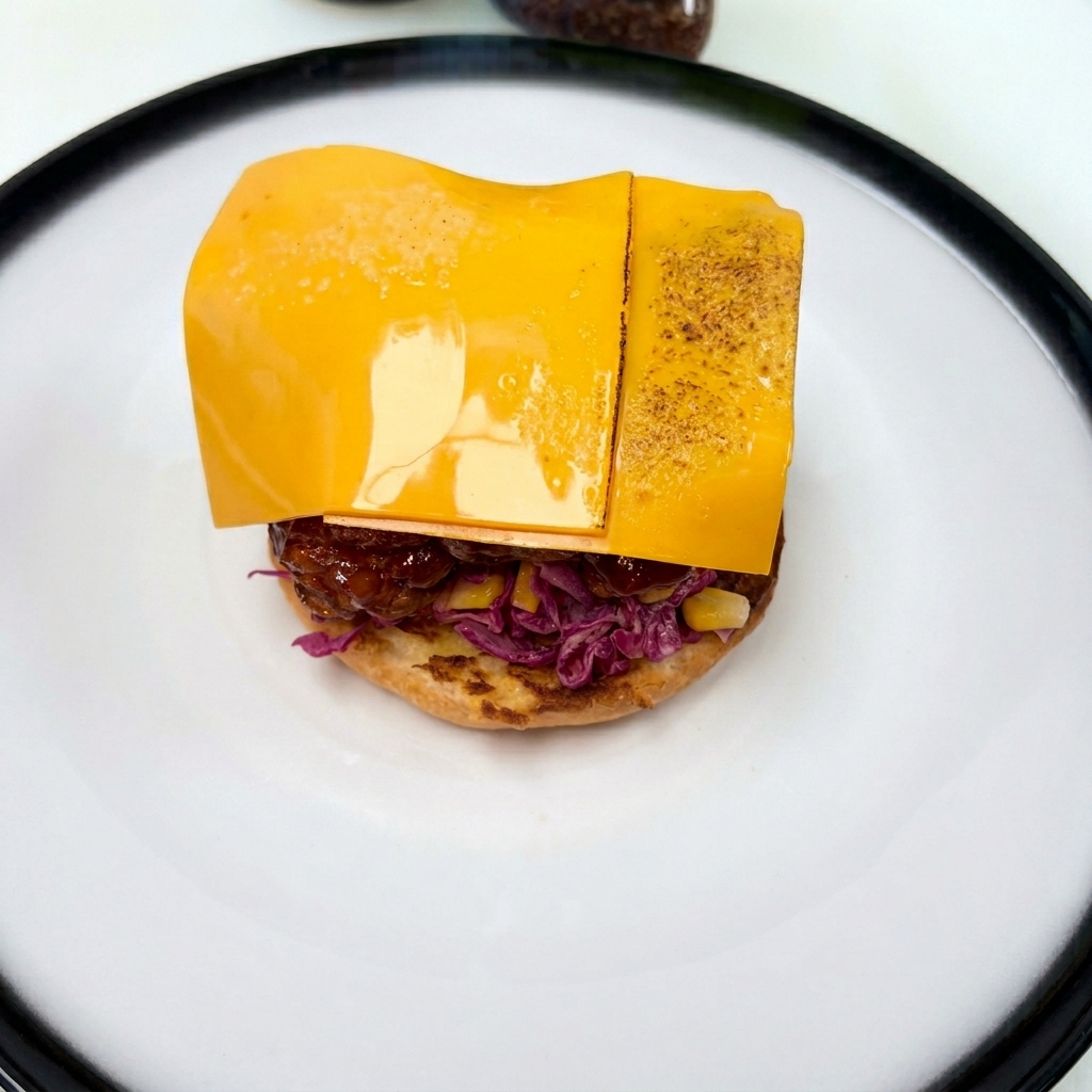 A slice of cheese melting on top of the chicken patty under a kitchen torch flame.