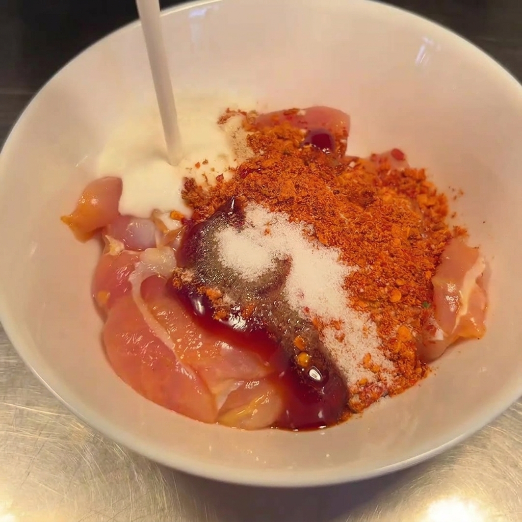 Thick white yogurt being poured over raw chicken thighs already seasoned with spices in a bowl.
