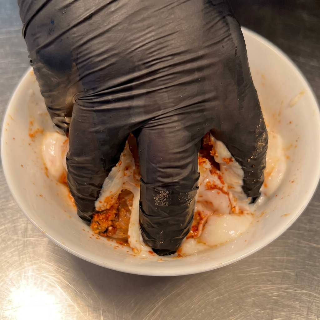 Hands thoroughly massaging yogurt and spices into raw chicken thighs to ensure even coverage.