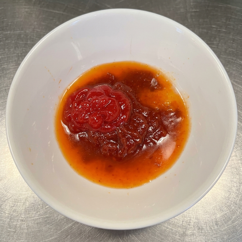 A mixture of Korean chili sauce, ketchup, minced garlic, and red chili powder being stirred in a small bowl.