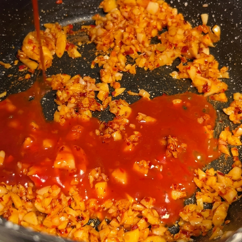 Dark red chili paste being poured into a pan with sautéed garlic, ready to be whisked with cream.