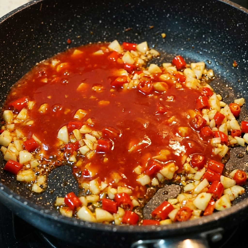 Light cream being poured into a pan containing a red, simmering chili sauce base.