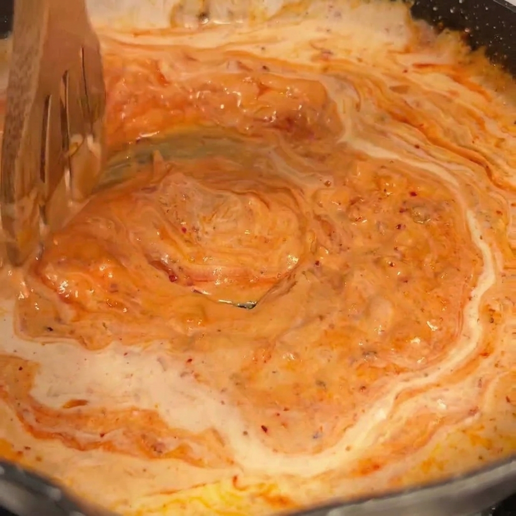 A bright orange, creamy chili sauce being stirred in a pan with a wooden spoon.