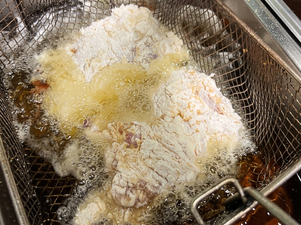 Battered chicken pieces being lowered into a basket of hot, bubbling oil.