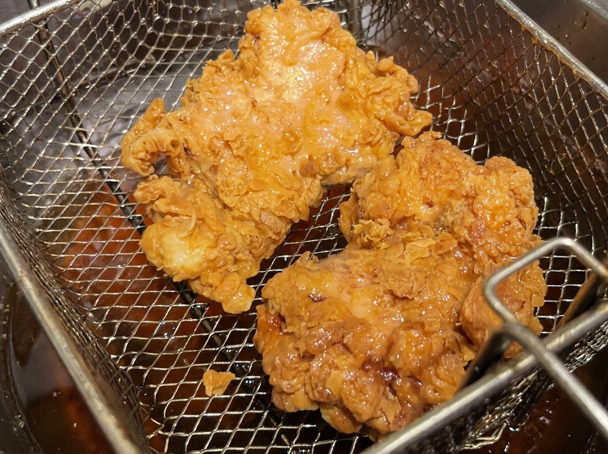 Two thick pieces of golden, crispy fried chicken resting in a metal fry basket over a pot.