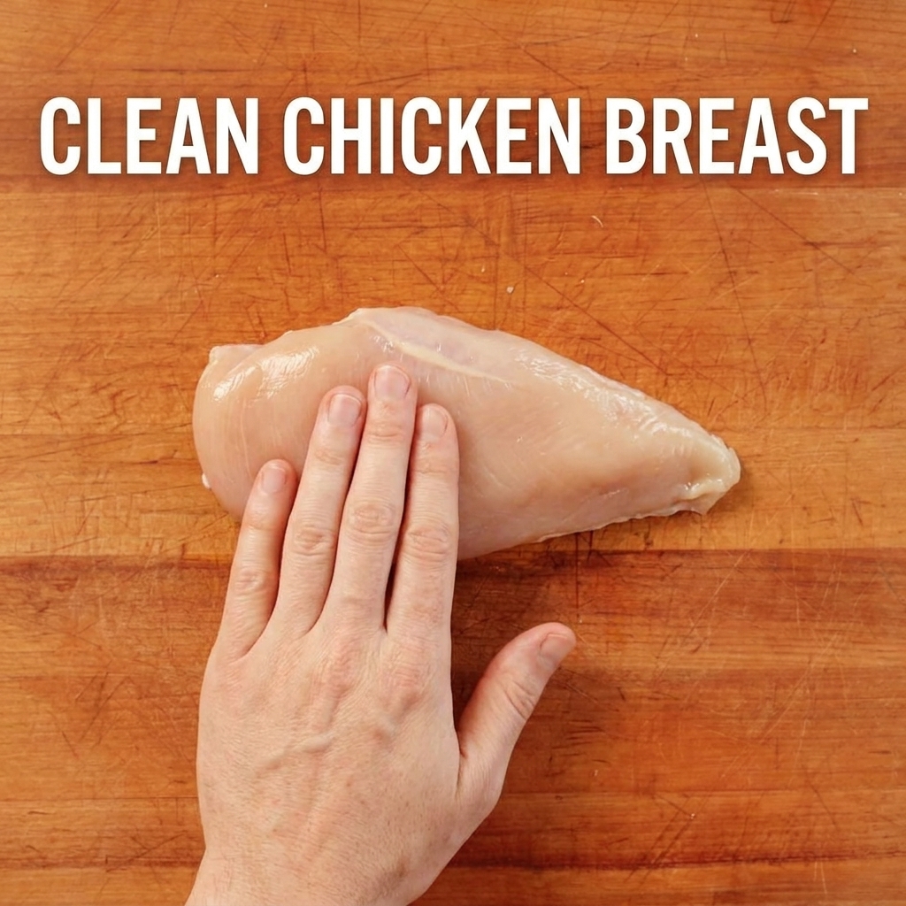Fresh chicken breasts being sliced on a wooden cutting board.