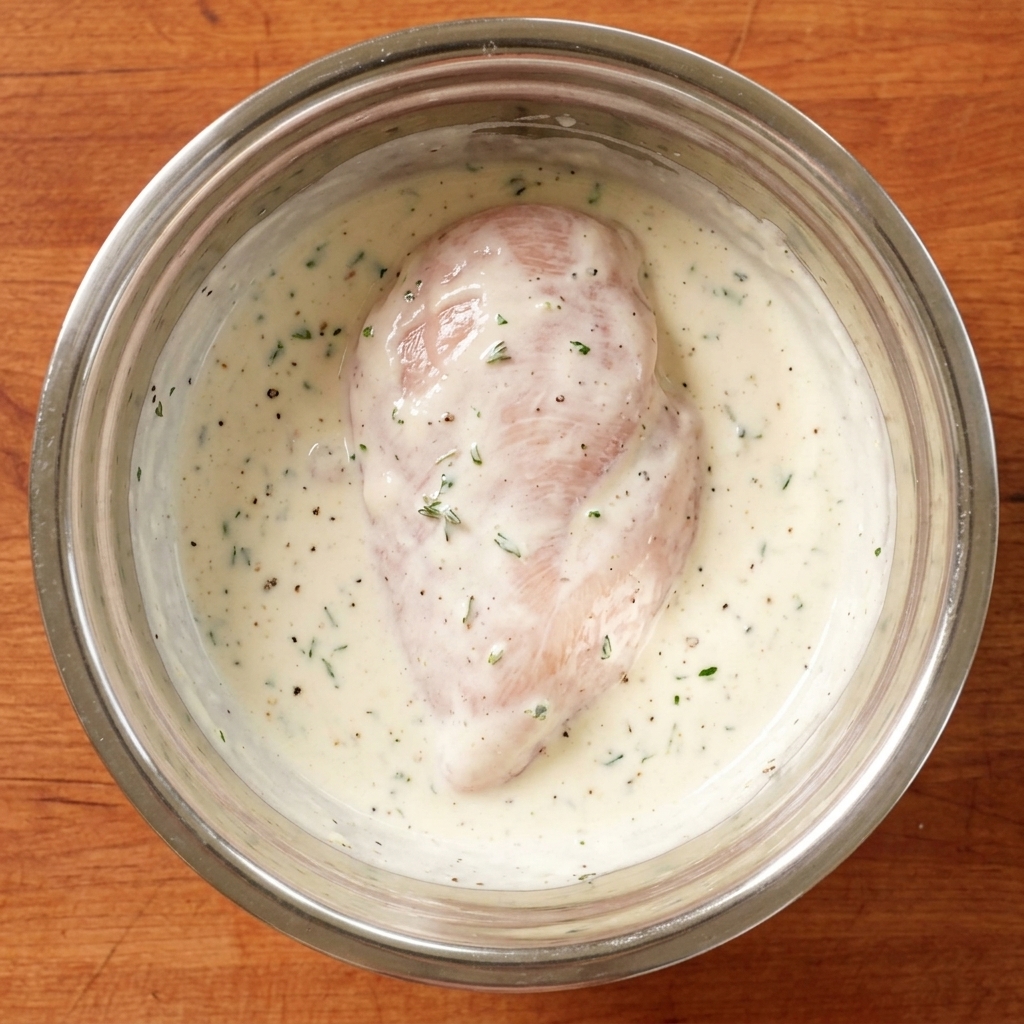 Chicken pieces soaking in a milky spice marinade in a mixing bowl.
