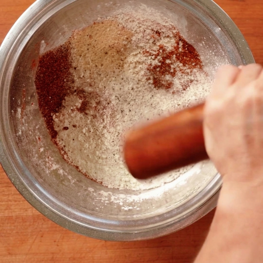 A metal mixing bowl filled with a mixture of flour, cornstarch, and various powdered spices, being stirred with a whisk.