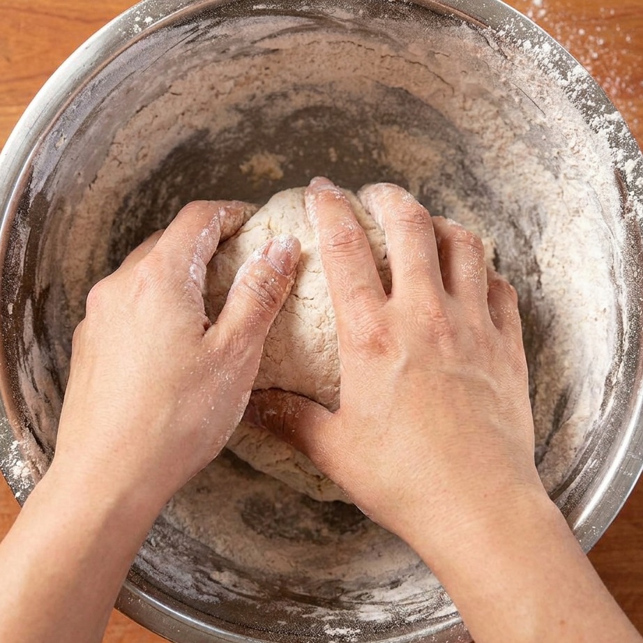 Hands coating chicken breasts in a seasoned flour mixture in a bowl.