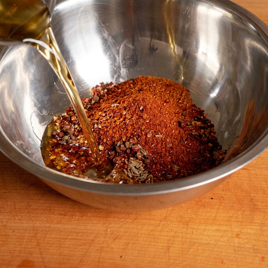 Hot oil being poured over a bowl of spices and sesame seeds.