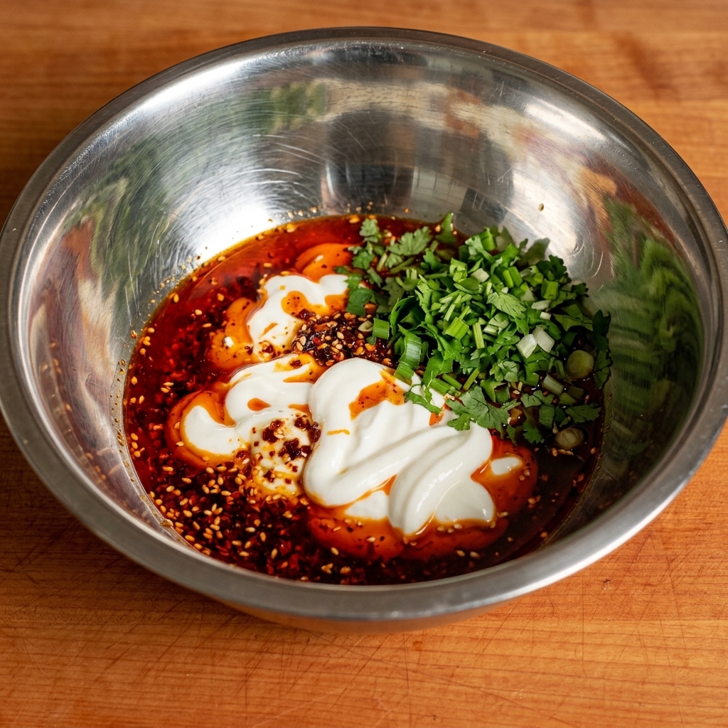 A creamy sauce being whisked in a bowl with fresh herbs and spices.