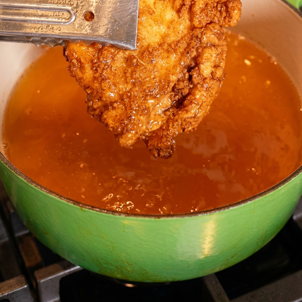 A cooked, golden-brown fried chicken patty being held with kitchen tongs and dipped into a bowl of rich, red-toned secret sauce.