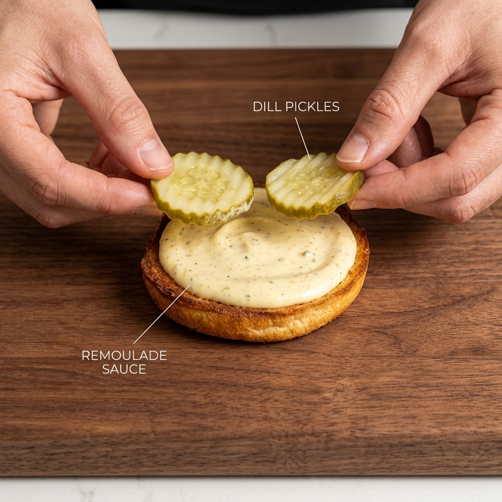 A toasted burger bun base topped with a layer of creamy remoulade sauce and two slices of crinkle-cut dill pickles, ready for the chicken patty.