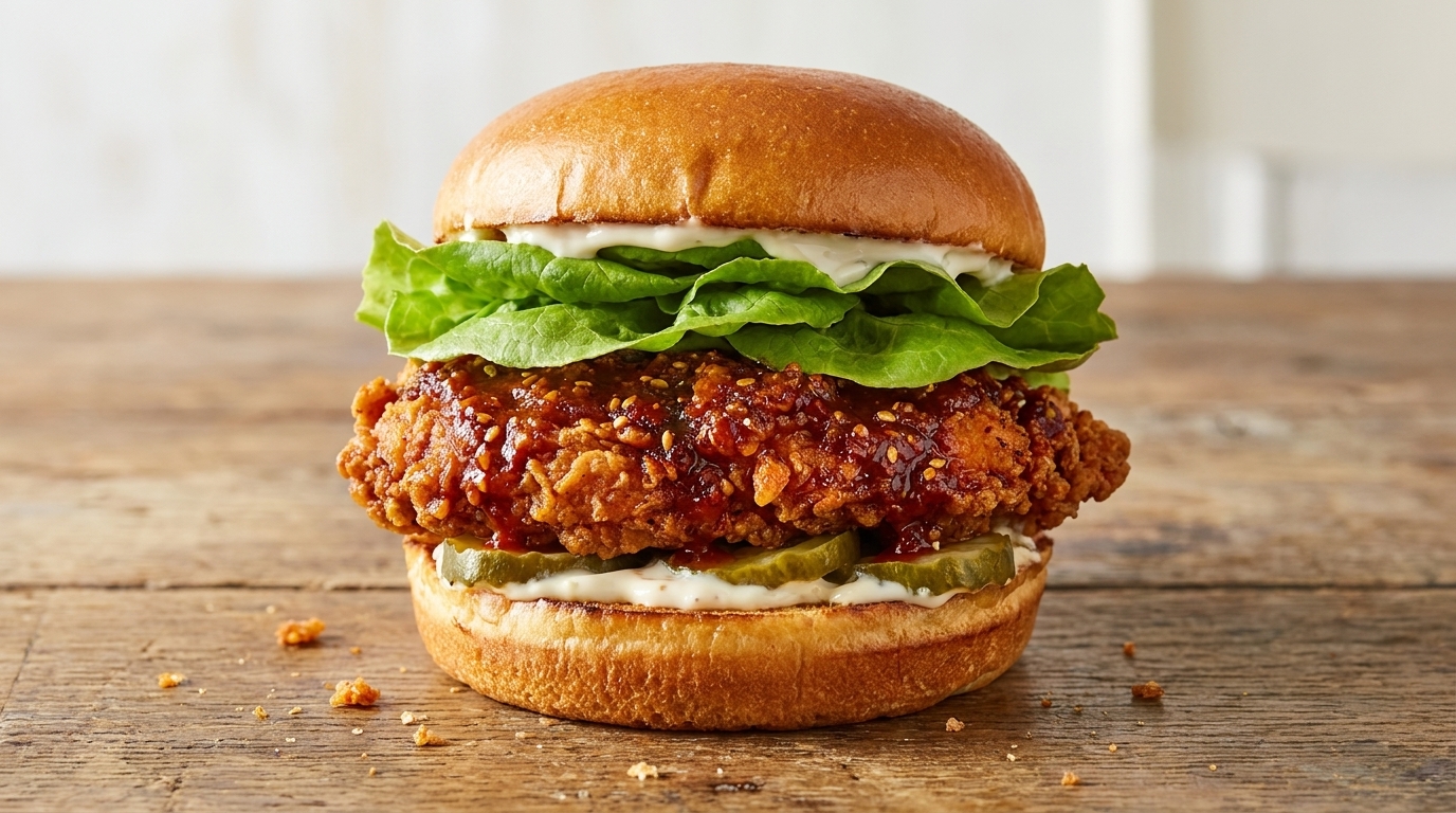 A close-up of a crispy Korean fried chicken burger with fresh lettuce and pickles inside toasted brioche buns.