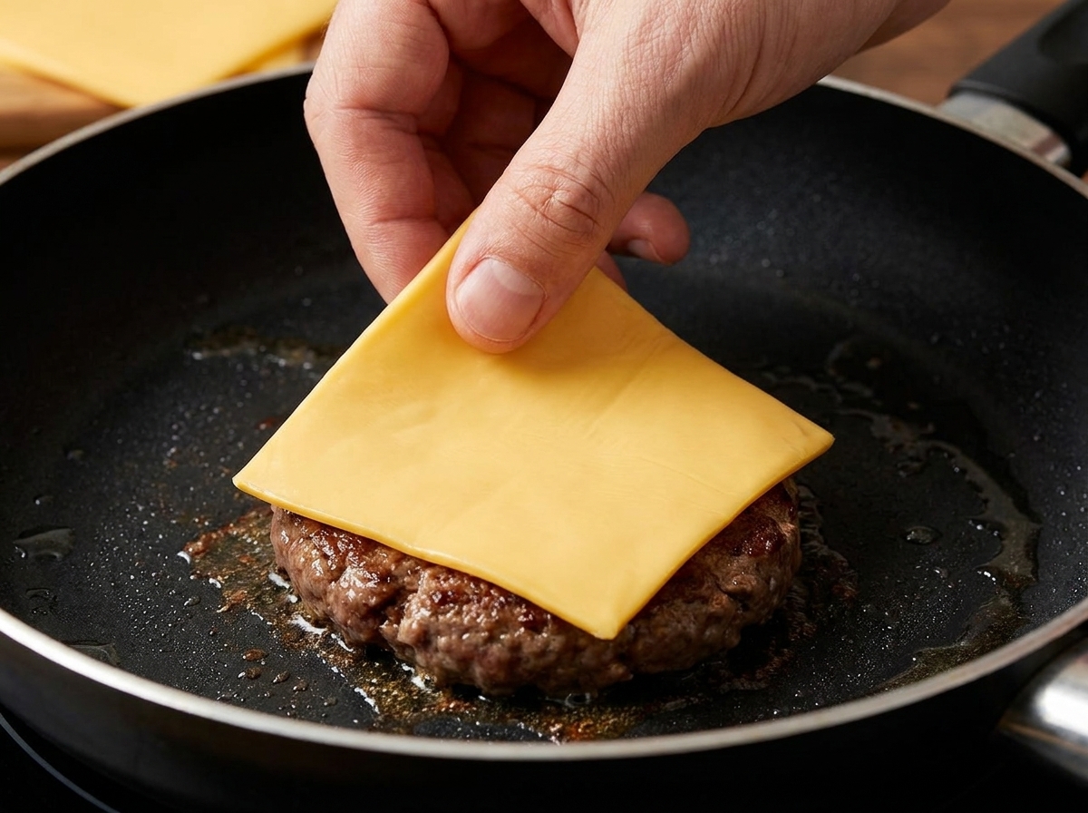 A raw, round beef patty being placed into a hot, empty skillet.