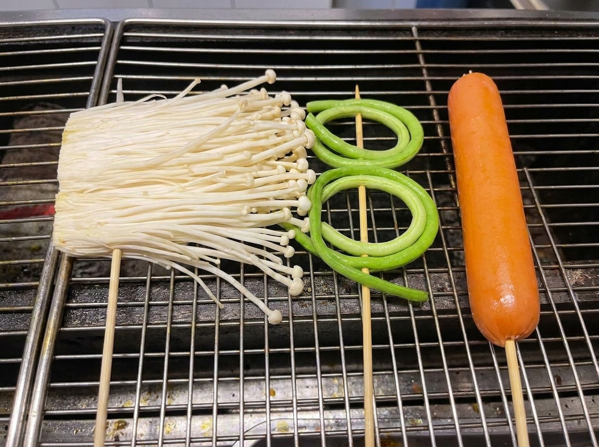 Enoki mushrooms, tied garlic chives, and a sausage cooking on a grill grate.