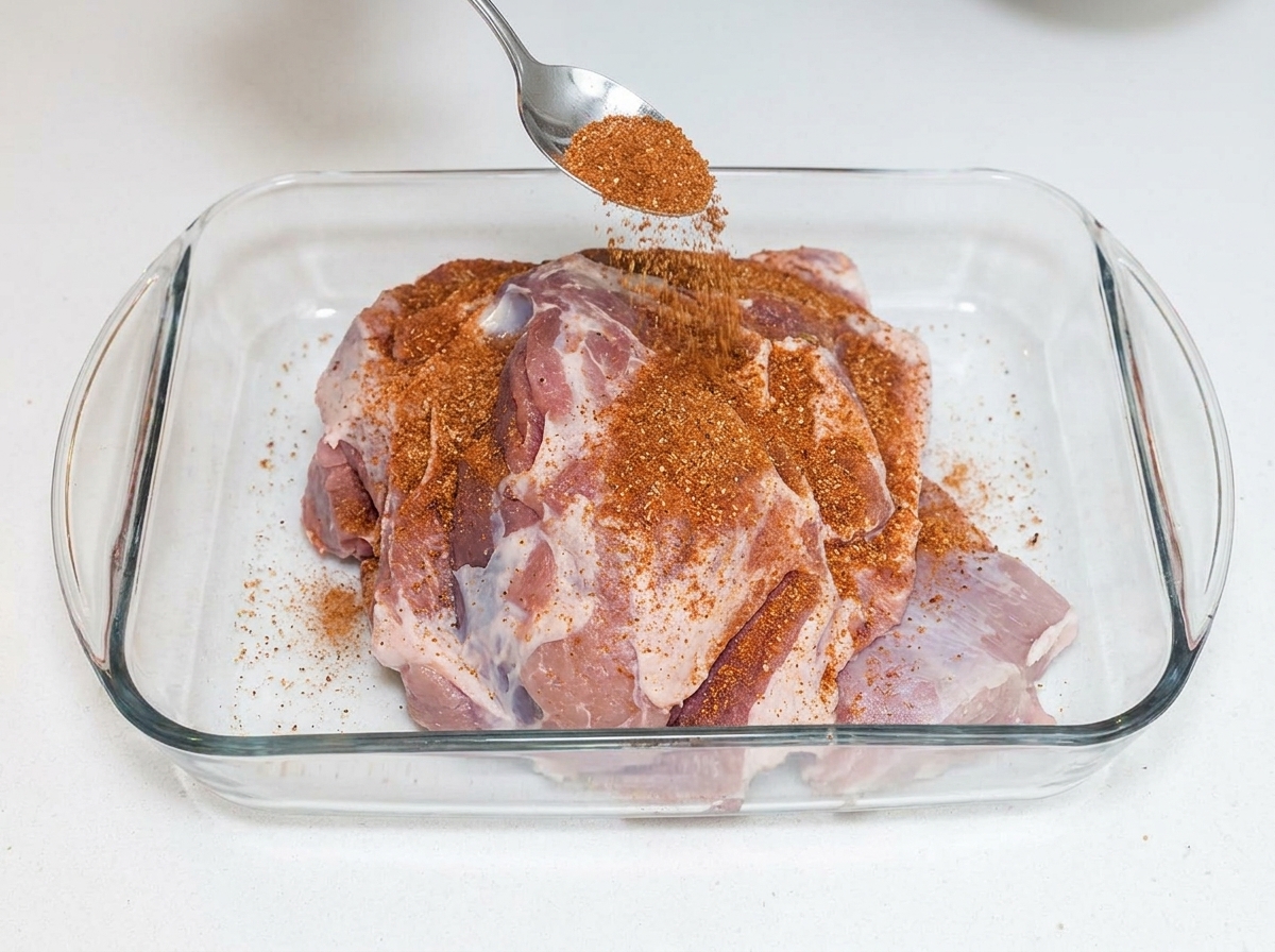 Dry rub seasoning being sprinkled over raw pork shoulder in a clear glass dish.