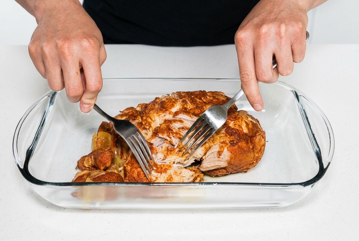 Cooked pork shoulder being shredded in a glass dish using two metal forks.