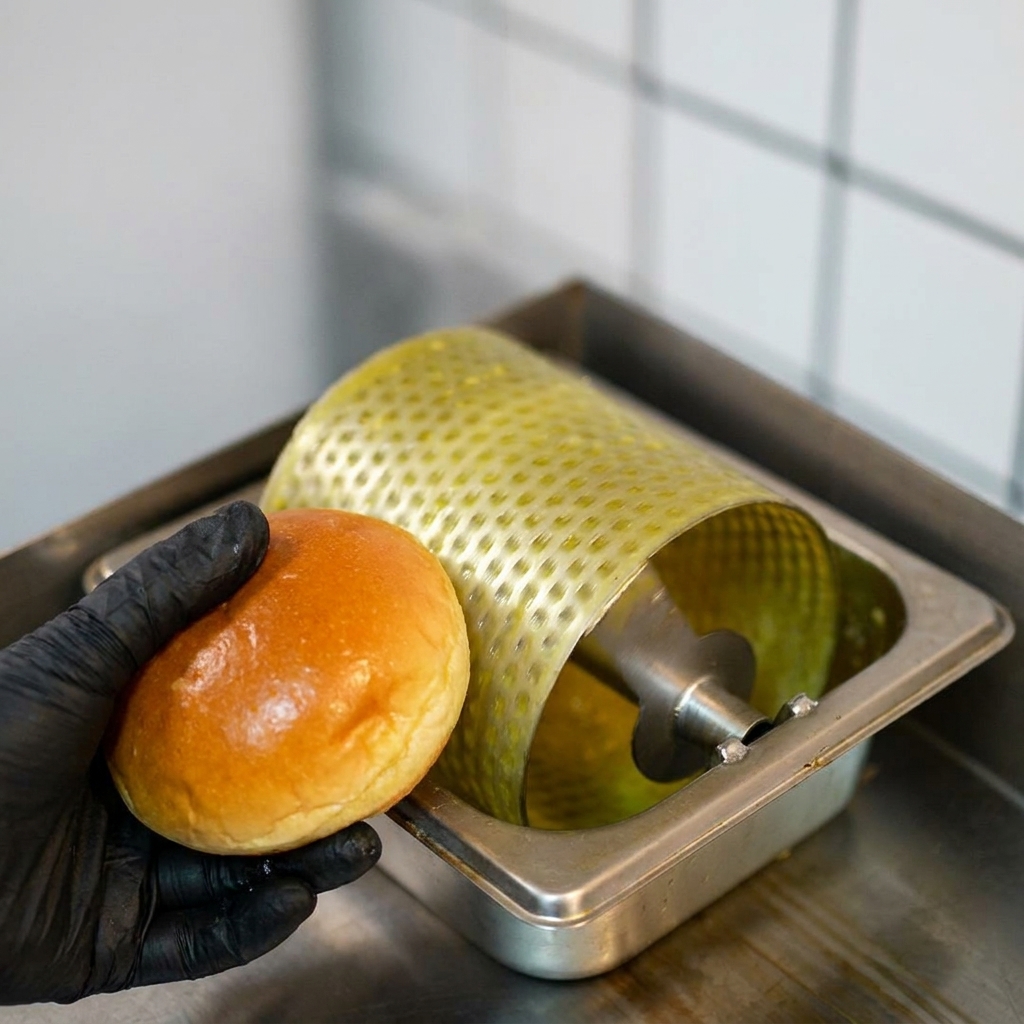 Golden brown toasted brioche bun halves on a hot griddle surface.