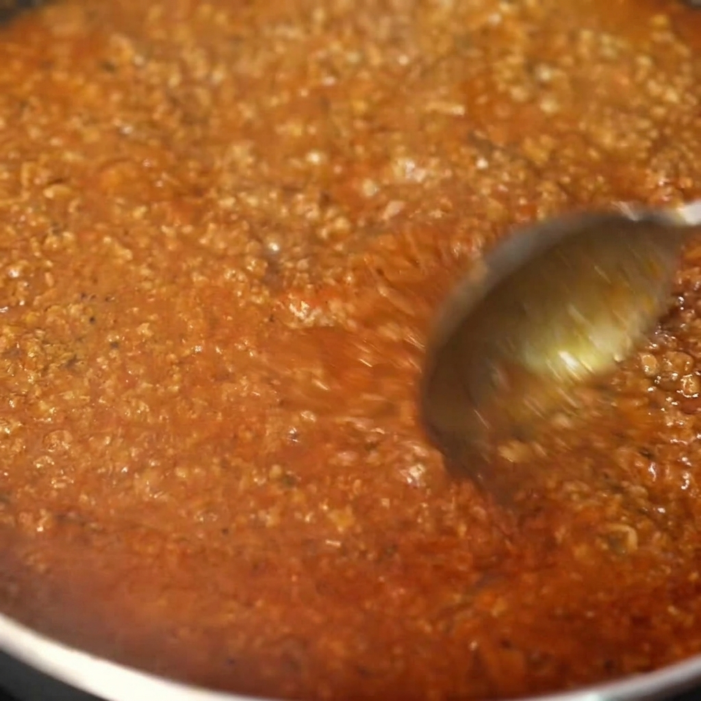 Rich, chunky Mexican chili meat sauce being ladled over the beef patty.