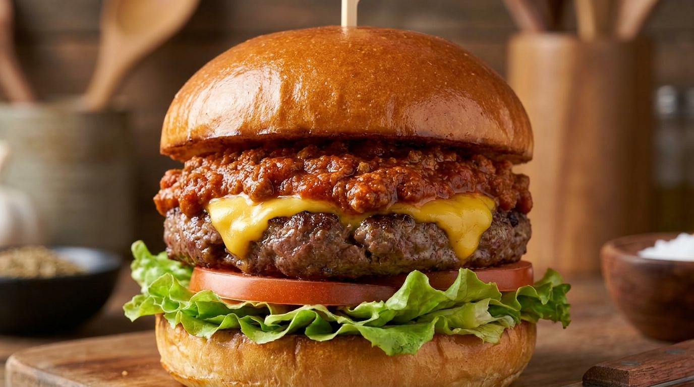 A gourmet Mexican chili beef burger topped with a savory chili meat sauce and melted cheese.