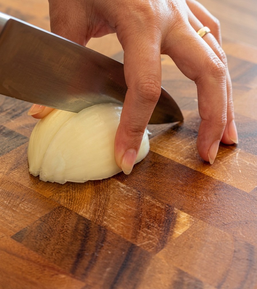 Finely minced white onion pieces on a wooden cutting board.