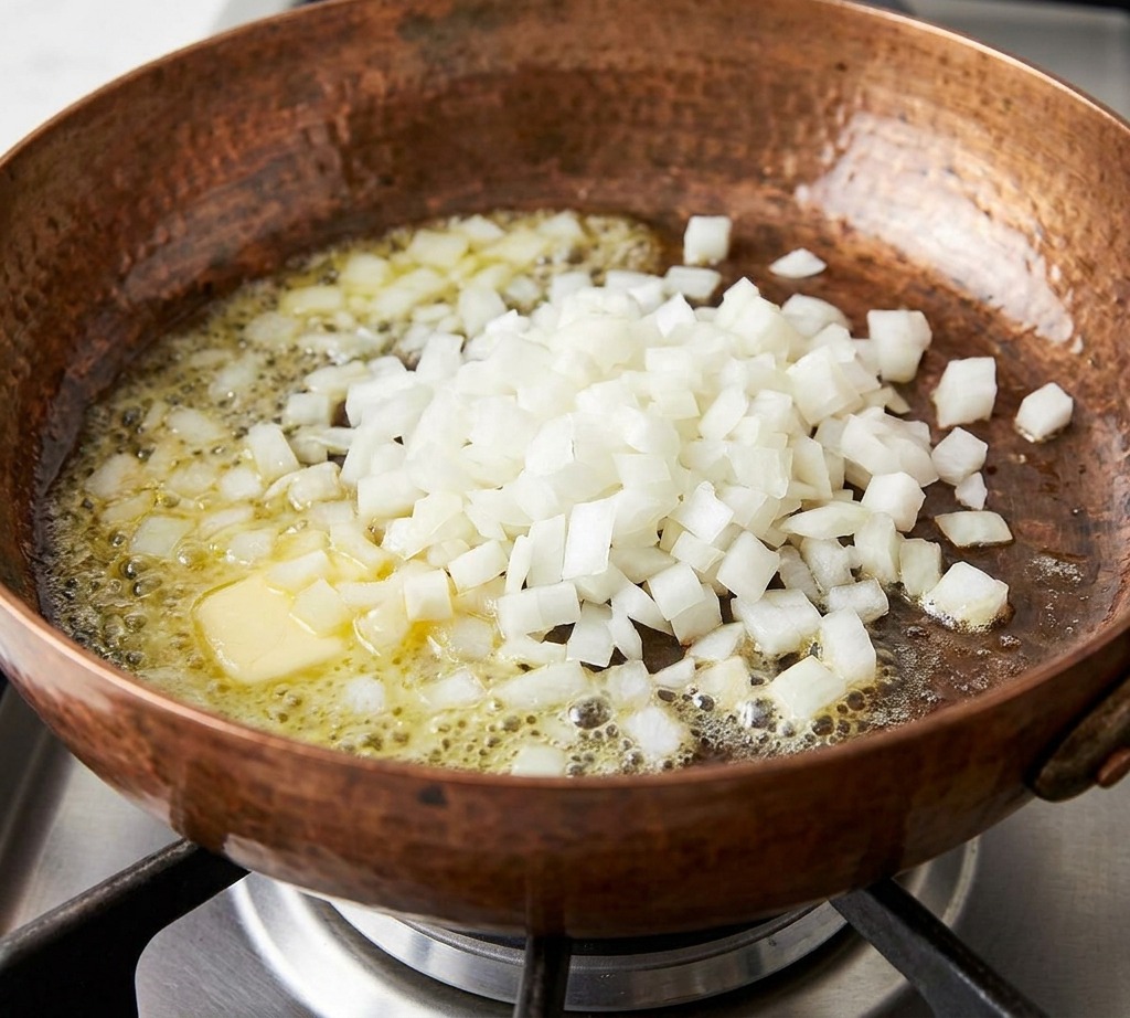 Minced onions cooking in a copper pan with melting butter.
