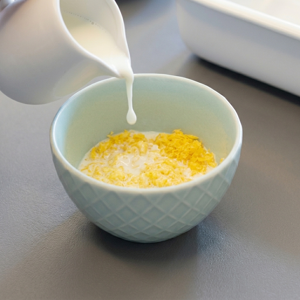 Milk being poured into a bowl of dry breadcrumbs.