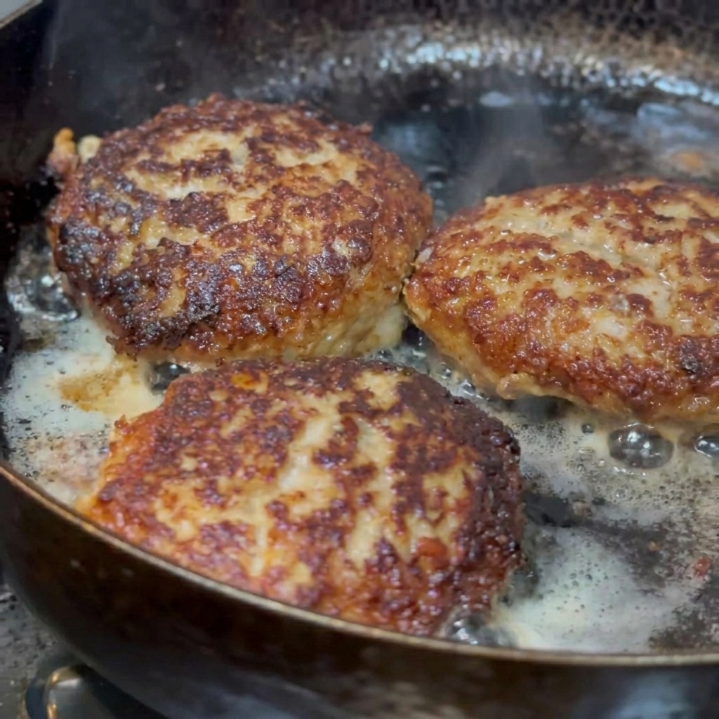 Patties steaming in a covered pan with a small amount of water.