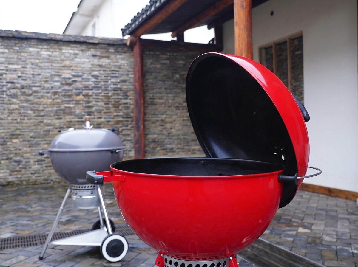 Marinated pork ribs being placed on the internal racks of a red charcoal smoker.