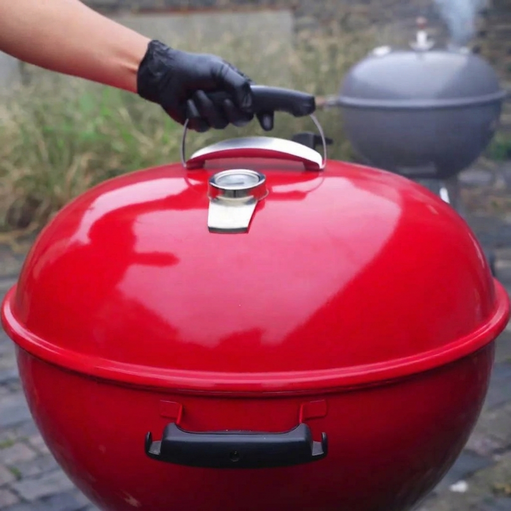 A brush applying a thick, glossy red glaze onto smoking pork ribs.