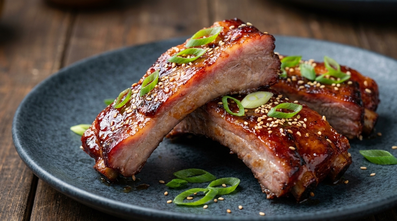 Succulent smoked Char Siu pork ribs with a glossy reddish-brown glaze, garnished with toasted sesame seeds and fresh green onions.