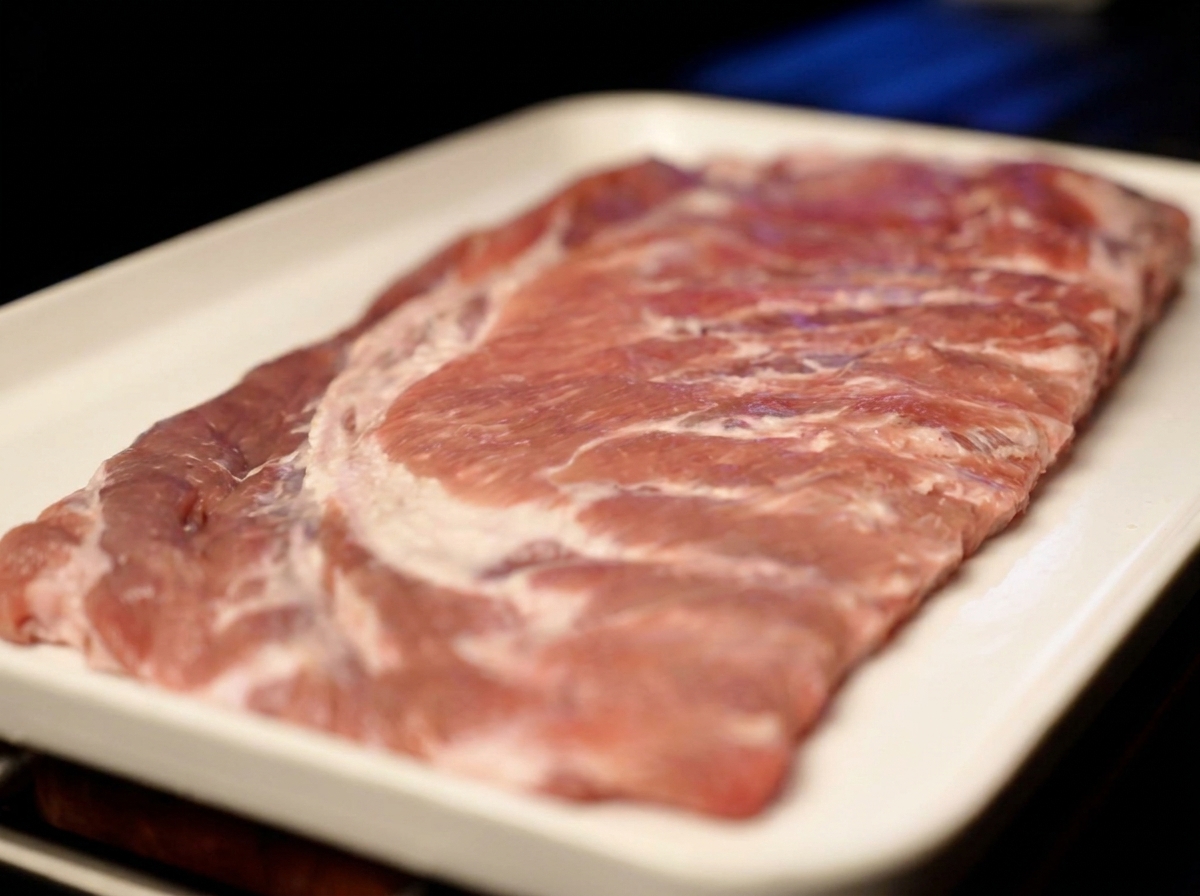 A slab of fresh, raw pork ribs resting on a white tray before seasoning.