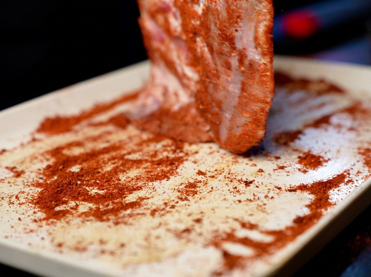 A piece of pork heavily coated in a red spice blend being lifted from a white tray.